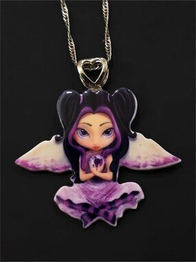 Hand Crafted ✦ Purple Winged Girl Acrylic Pendant Necklace ✦ Heart Bail NWT